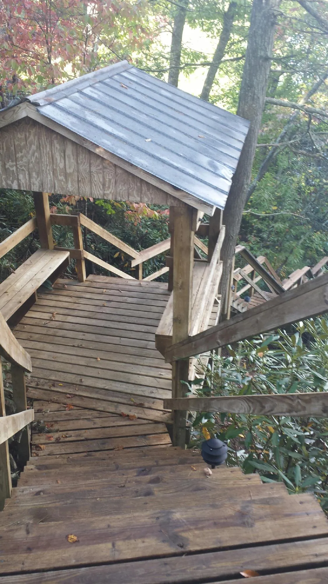 Metal roofed shelter over wooden steps on a wooded walkway — Skylight Repair & Installation work by our crew in Philo